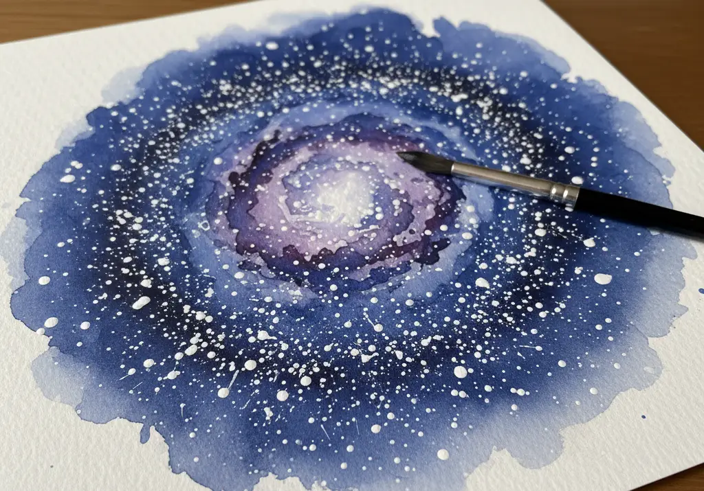 Efekt gwiazd na obrazie galaktyki uzyskany przez rozpryskiwanie białej farby.