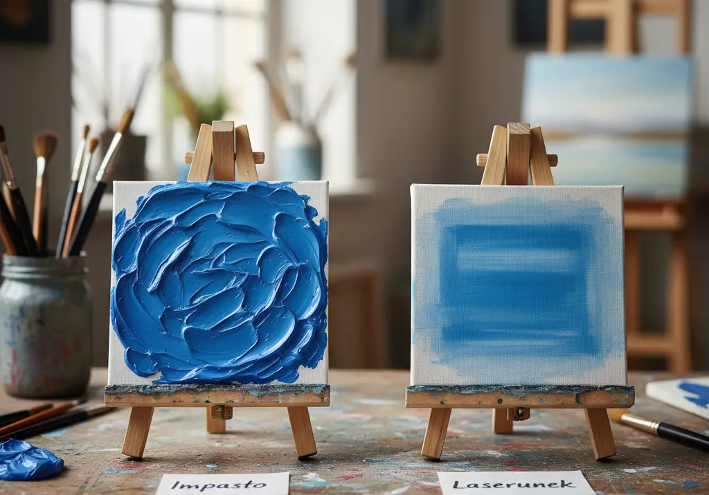 Porównanie grubości farby olejnej: technika impasto obok cienkiego laserunku.
