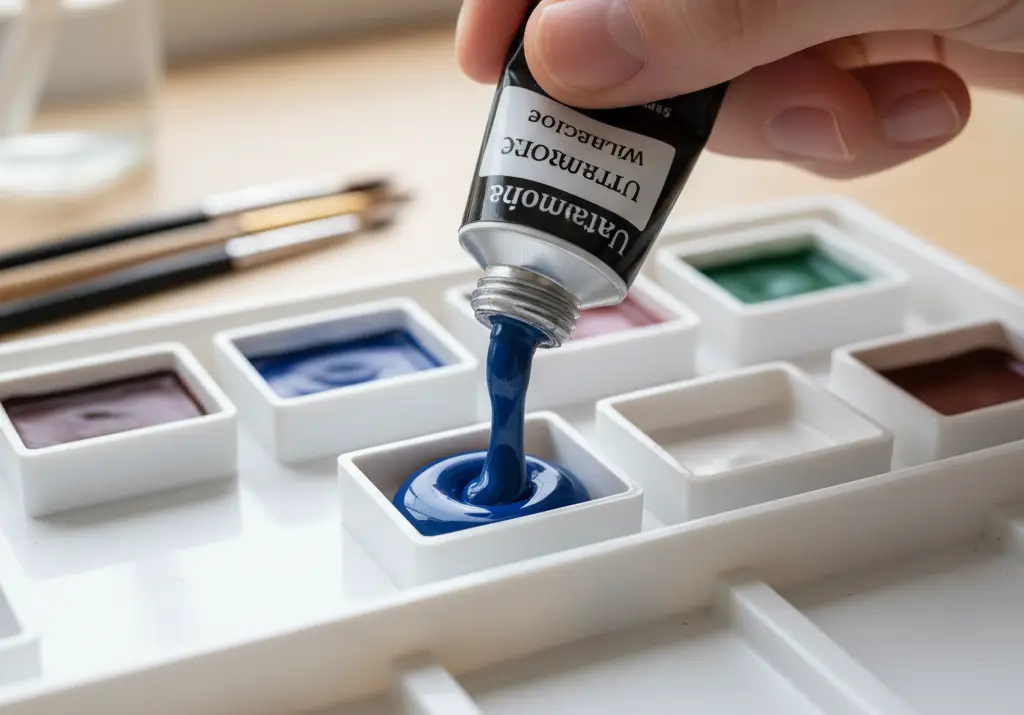 Napełnianie pustej kostki akwarelowej farbą z tubki.