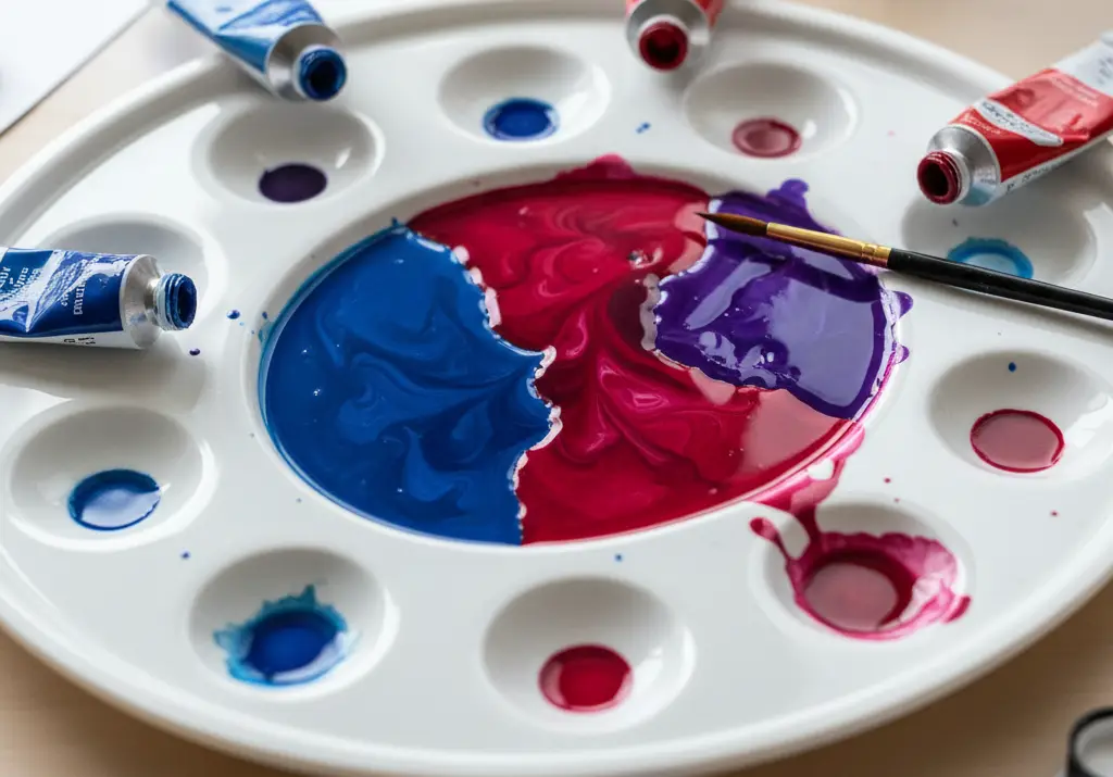 Mieszanie akwareli z tubek na dużej ceramicznej palecie.