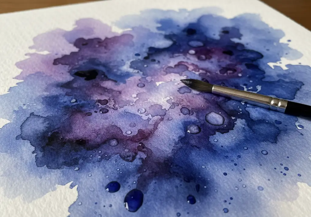 Proces malowania galaktyki akwarelami, technika mokre na mokre.