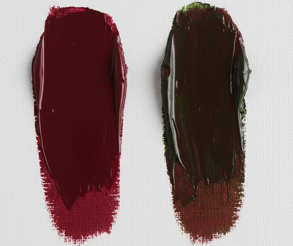 Porównanie przyciemniania koloru czerwonego: czernią z tubki vs. kolorem dopełniającym (zielonym).