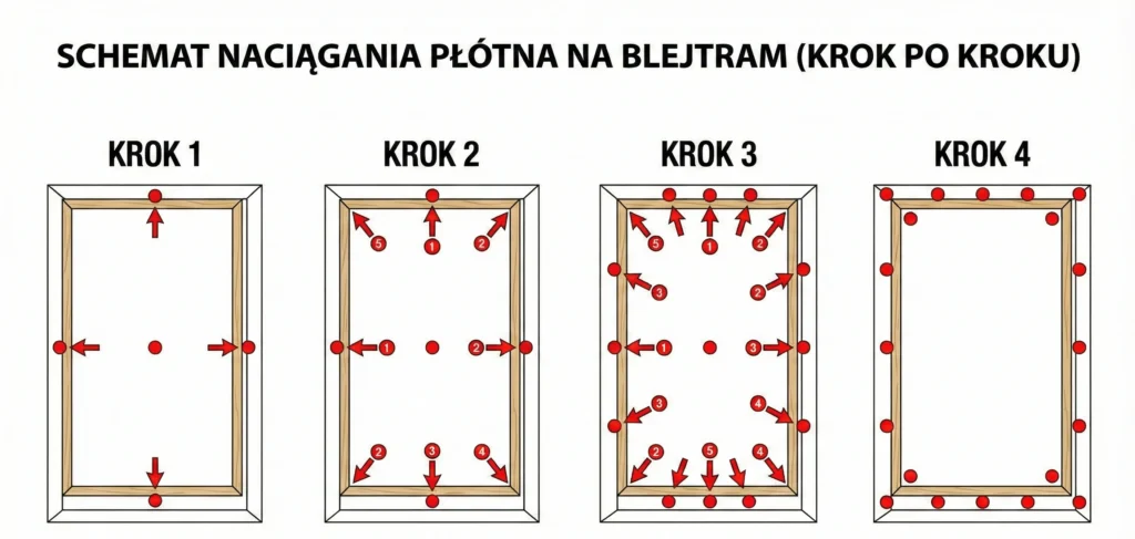 Schemat naciągania płótna na blejtram krok po kroku