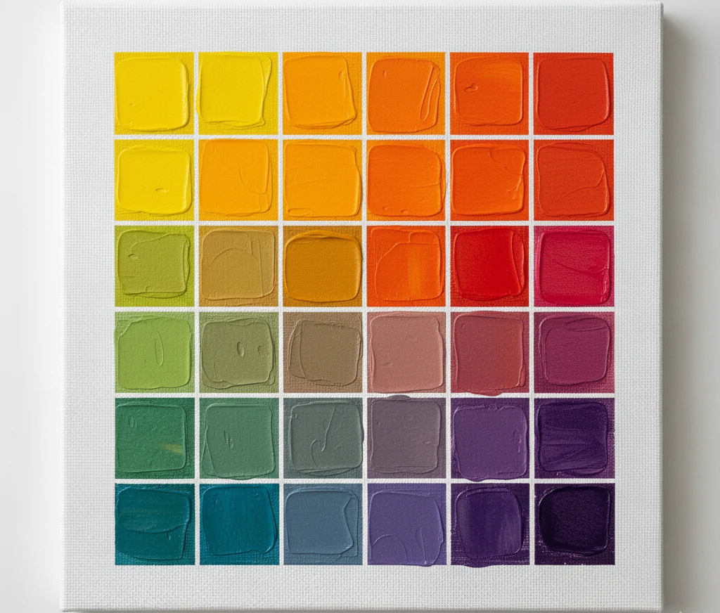 Wypełniona siatka mieszania kolorów z palety split primary pokazująca efekty mieszania ciepłych i zimnych barw.